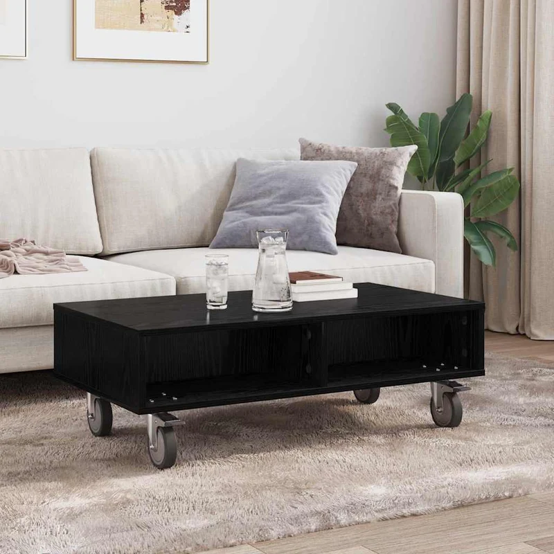 Mesa Lateral com Rodas Carvalho Preto 90 x 50 x 30 cm