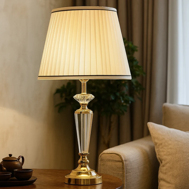 Traditional French Conical Hardware Crystal Fabric 1-Light Table Lamp For Bedroom