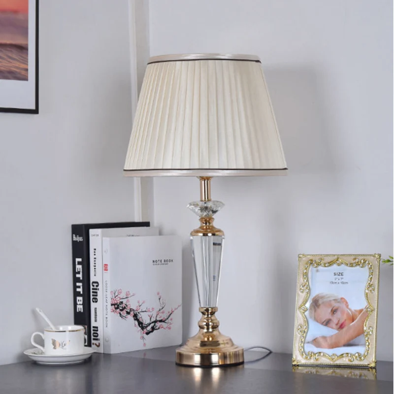 Traditional French Conical Hardware Crystal Fabric 1-Light Table Lamp For Bedroom