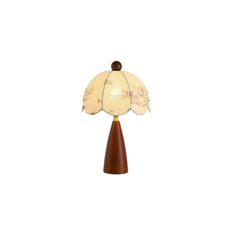 Traditional Vintage Flower-shaped Metal Wood Fabric 1-Light Table Lamp For Bedroom