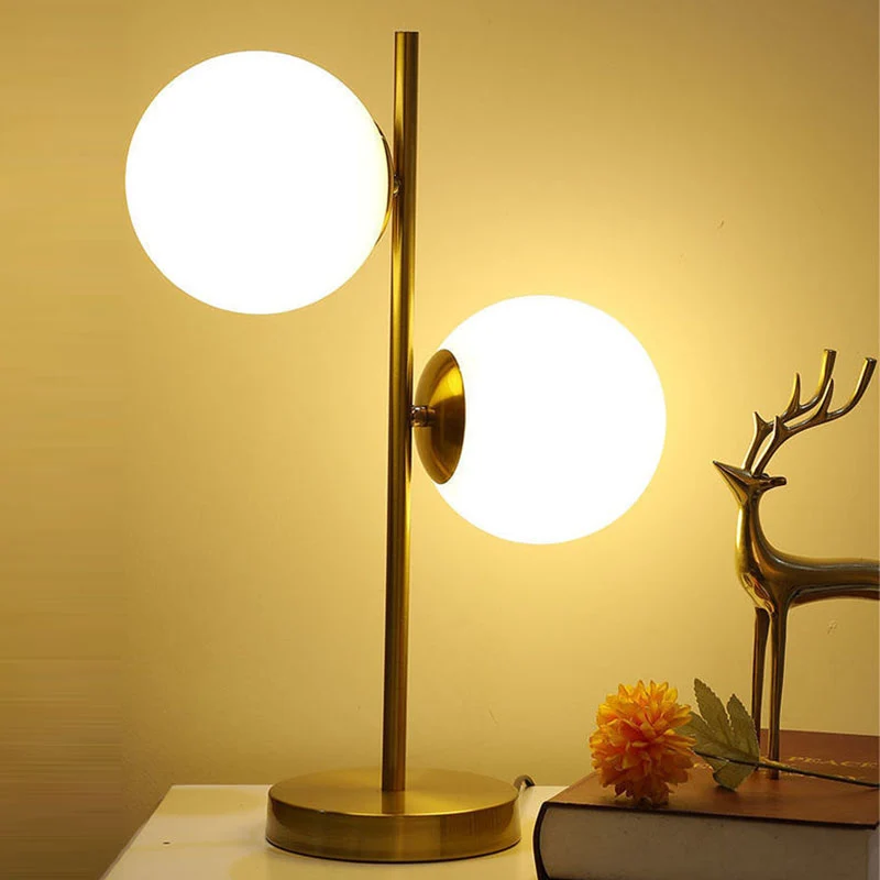 Contemporary Scandinavian Iron Glass Spherical 2-Light Table Lamp For Bedroom