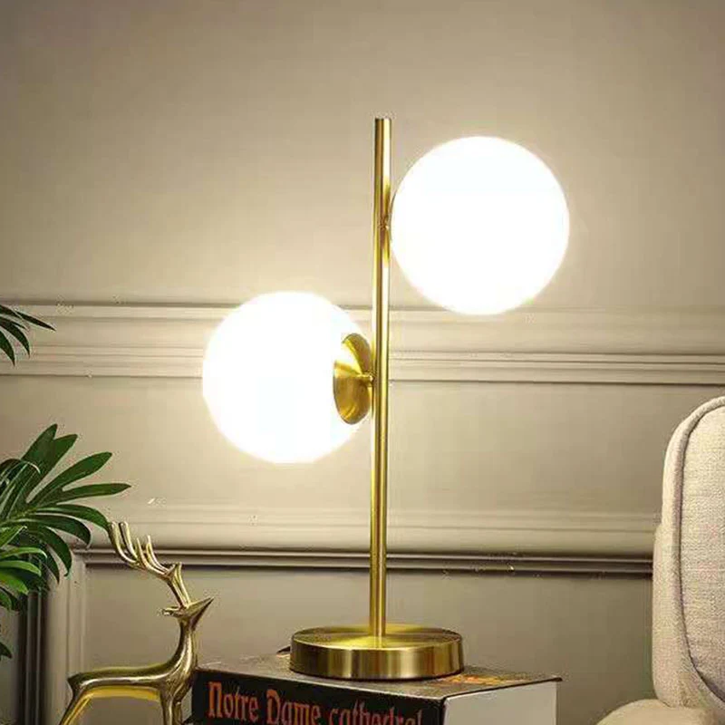Contemporary Scandinavian Iron Glass Spherical 2-Light Table Lamp For Bedroom