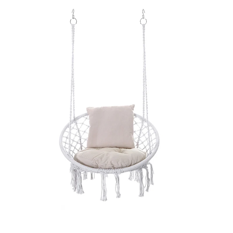 Contemporary Coastal Round Cotton Rope Steel Outdoor Hanging Chair Backrest Armless For Garden