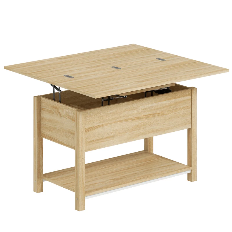 Mesa de Centro Elevável e Extensível Mesa de Sala com Compartimento Oculto Prateleira Aberta 100x45x50,5 cm Madeira Natural