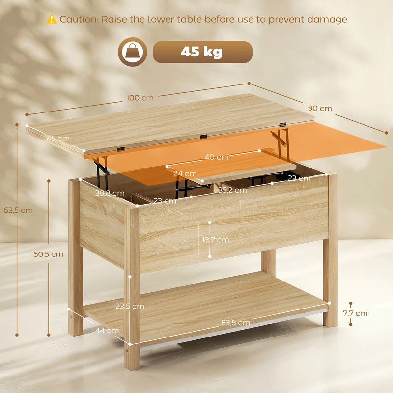 Mesa de Centro Elevável e Extensível Mesa de Sala com Compartimento Oculto Prateleira Aberta 100x45x50,5 cm Madeira Natural