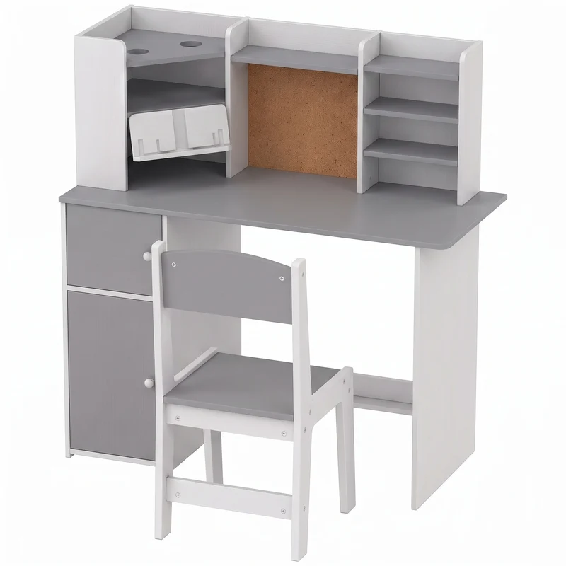 Secretária Infantil com Cadeira Suporte Ajustável para Comprimido Porta-lápis Quadro de Cortiça Estantes e Armários Cinza