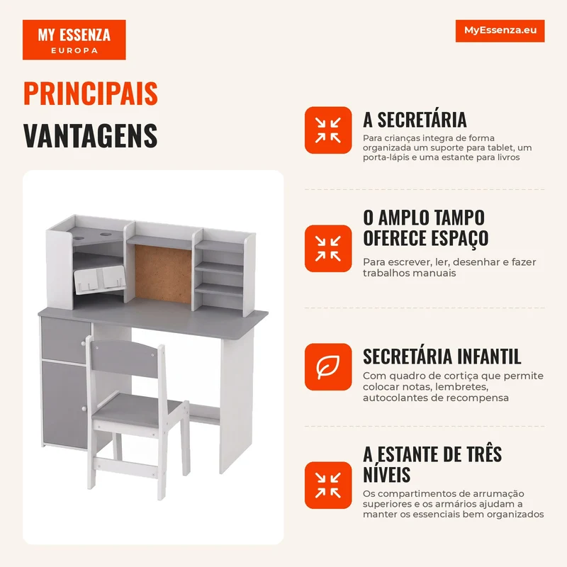 Secretária Infantil com Cadeira Suporte Ajustável para Comprimido Porta-lápis Quadro de Cortiça Estantes e Armários Cinza