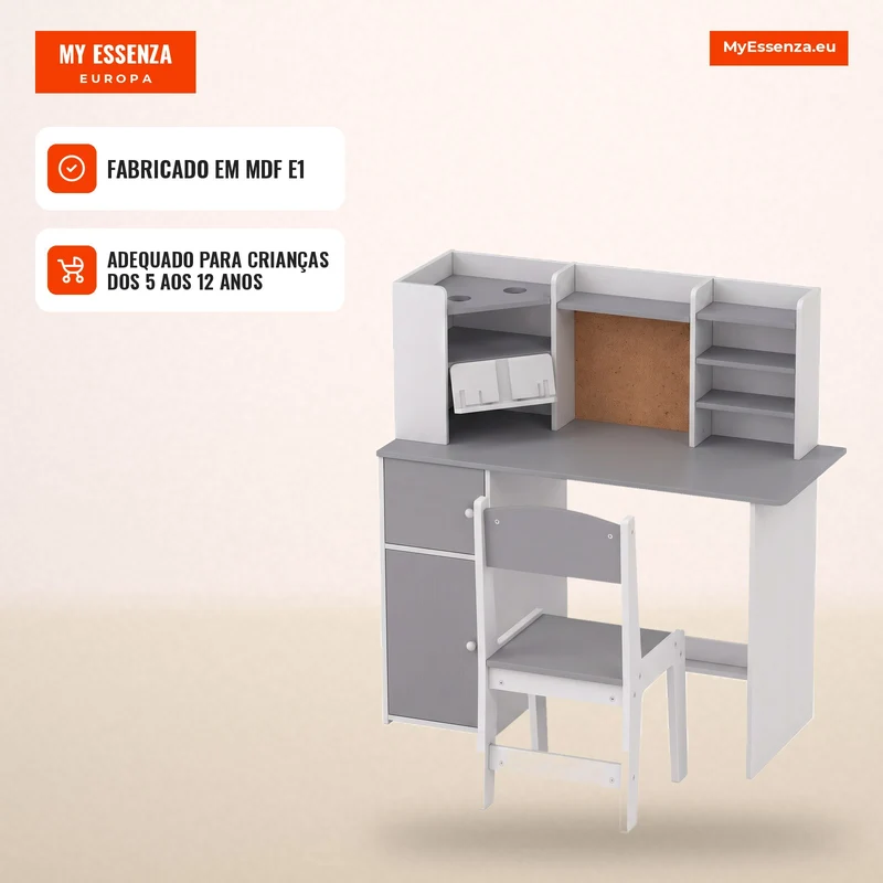 Secretária Infantil com Cadeira Suporte Ajustável para Comprimido Porta-lápis Quadro de Cortiça Estantes e Armários Cinza