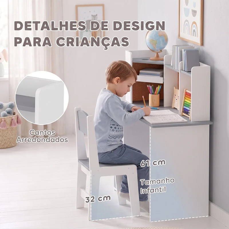 Secretária Infantil com Cadeira Suporte Ajustável para Comprimido Porta-lápis Quadro de Cortiça Estantes e Armários Cinza