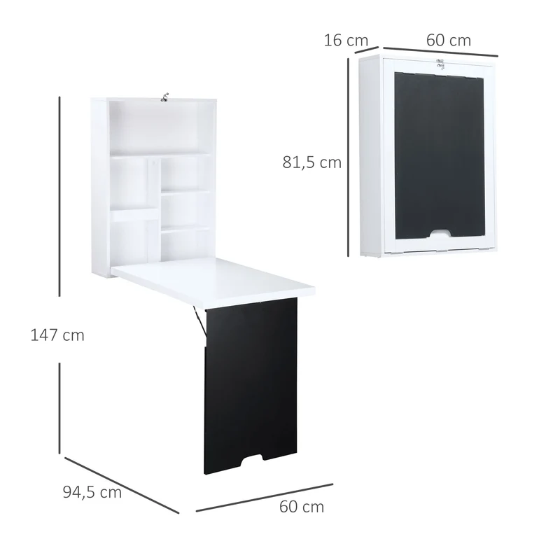 Secretária de Parede Tampo de Mesa Dobrável 5 Compartimentos 60x94,5x147 cm Preto e Branco