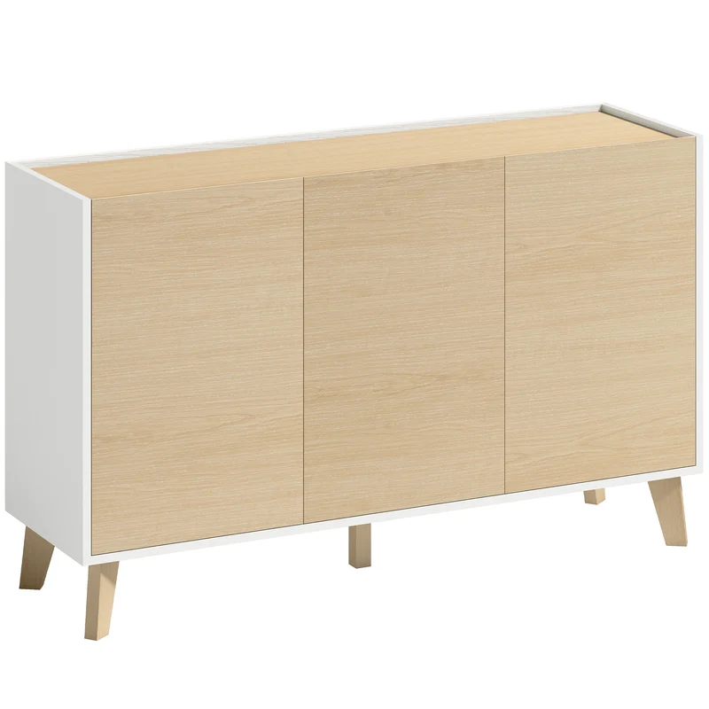 Aparador de Cozinha Móvel de Arrumação Nórdico 3 Portas com Fecho Suave 6 Compartimentos Madeira Natural e Branco