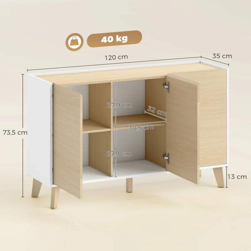 Aparador de Cozinha Móvel de Arrumação Nórdico 3 Portas com Fecho Suave 6 Compartimentos Madeira Natural e Branco