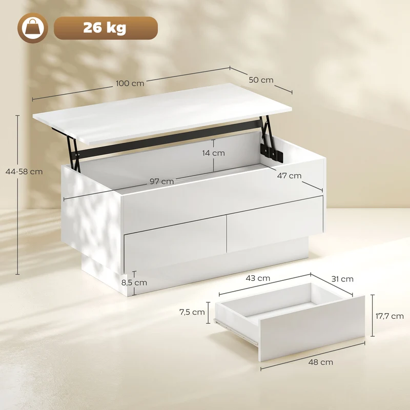 Mesa de Centro Elevável Mesa de Sala com Compartimento Oculto e 2 Gavetas 100x50x44 cm Branco