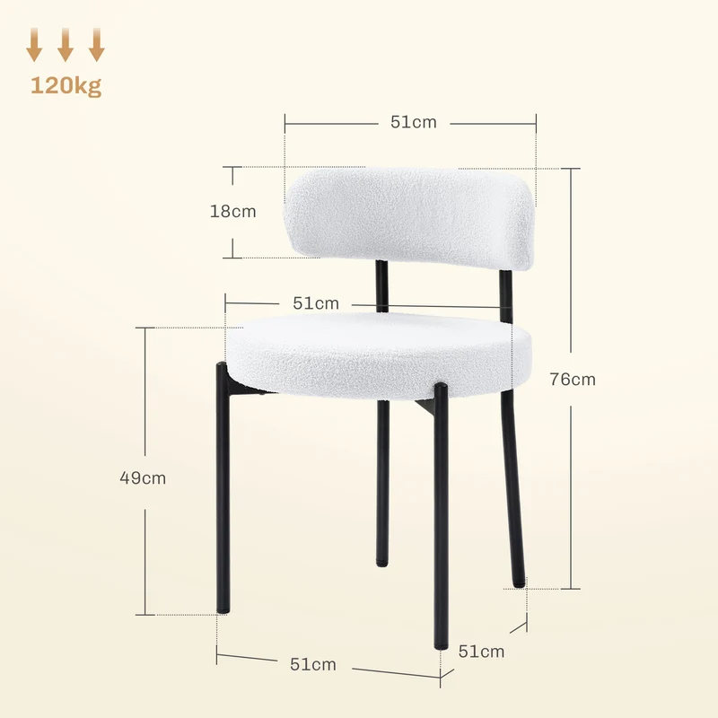 Conjunto de 2 Cadeiras de Jantar, Estofamento em Fleece, Cadeiras com Assento Estofado, Pernas Metálicas, Creme branco