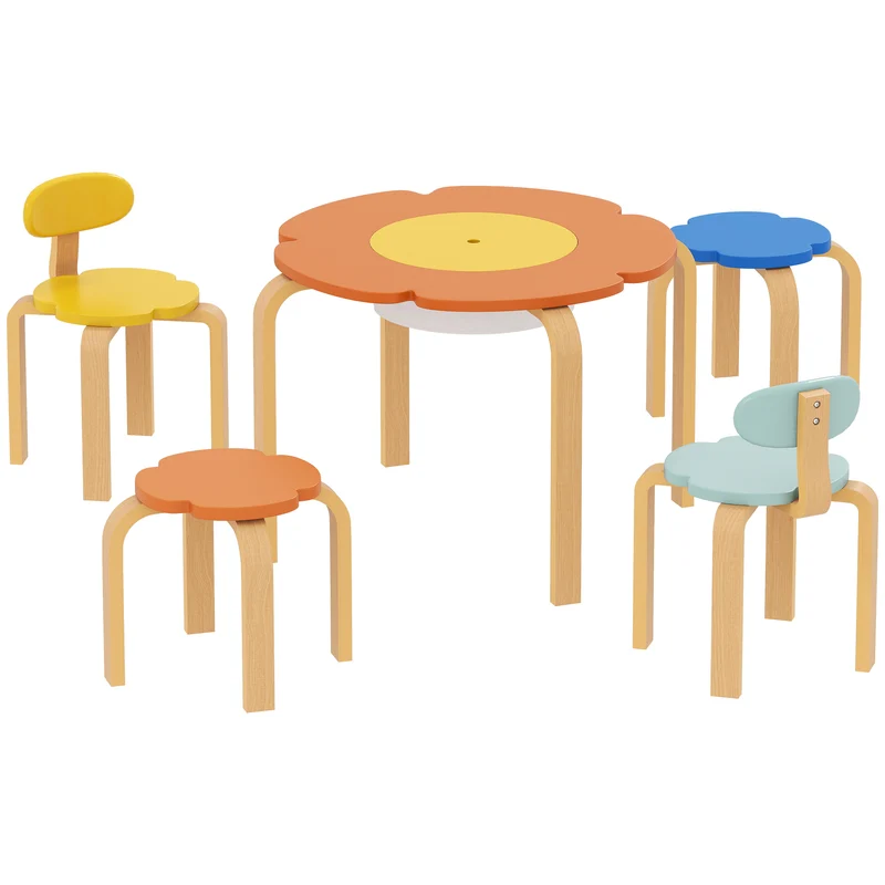 Conjunto de mesa e cadeiras infantil 5 peças, com bolso de armazenamento, formato de flor, para sala de brincadeiras, quarto infantil, madeira, colorido