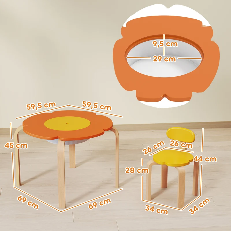 Conjunto de mesa e cadeiras infantil 5 peças, com bolso de armazenamento, formato de flor, para sala de brincadeiras, quarto infantil, madeira, colorido