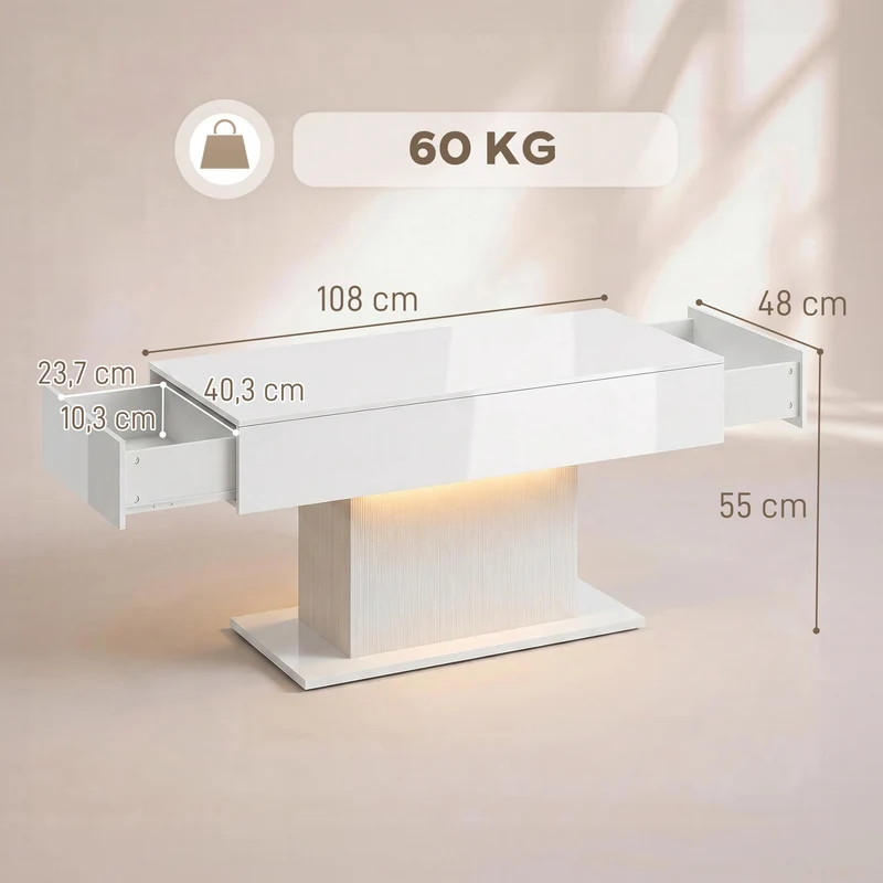 Mesa de centro LED com armazenamento, alto brilho, moderna, 2 gavetas & controle remoto, Branco