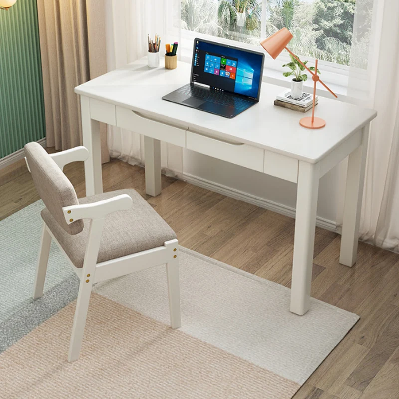 Contemporary Nordic Rubber Wood Plywood Rectangular Desk & Chair Set 2-Drawer For Study