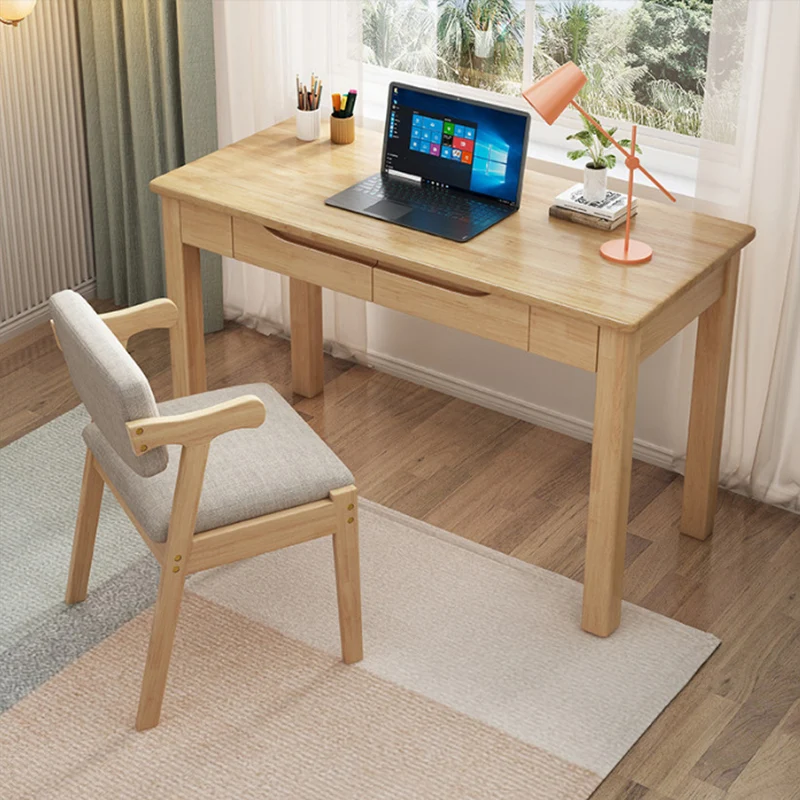 Contemporary Nordic Rubber Wood Plywood Rectangular Desk & Chair Set 2-Drawer For Study