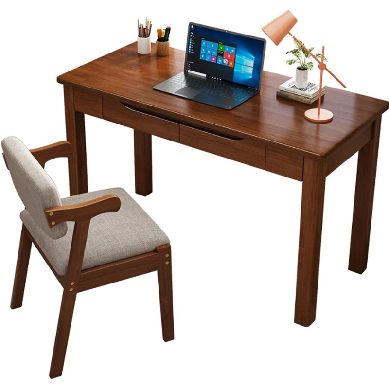 Contemporary Nordic Rubber Wood Plywood Rectangular Desk & Chair Set 2-Drawer For Study