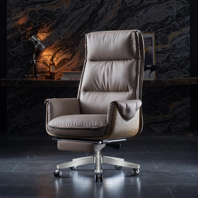Modern Luxury Genuine Leather Plywood & Aluminum Rectangular Back Desk Chair With Footrest & Wheels For Study & Home Office