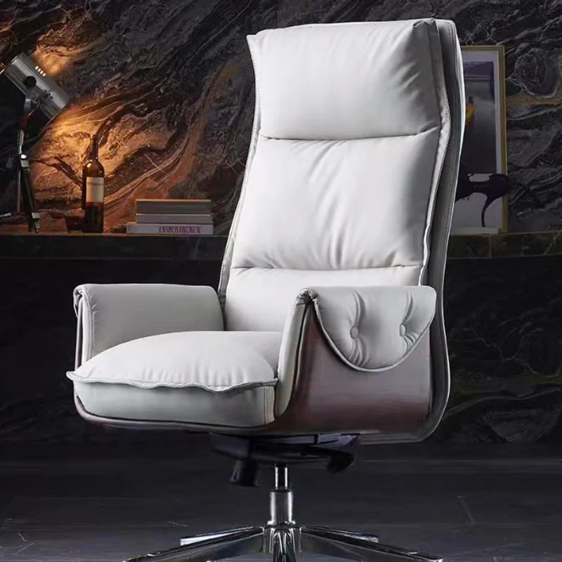 Modern Luxury Genuine Leather Plywood & Aluminum Rectangular Back Desk Chair With Footrest & Wheels For Study & Home Office