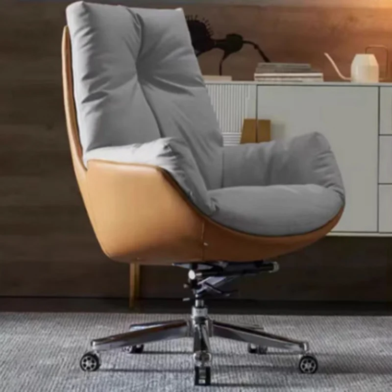 Modern Minimalist Microfiber Leather & Cowhide Square Seat Desk Chair With Armrest & Reclining Backrest For Home Office Or Study