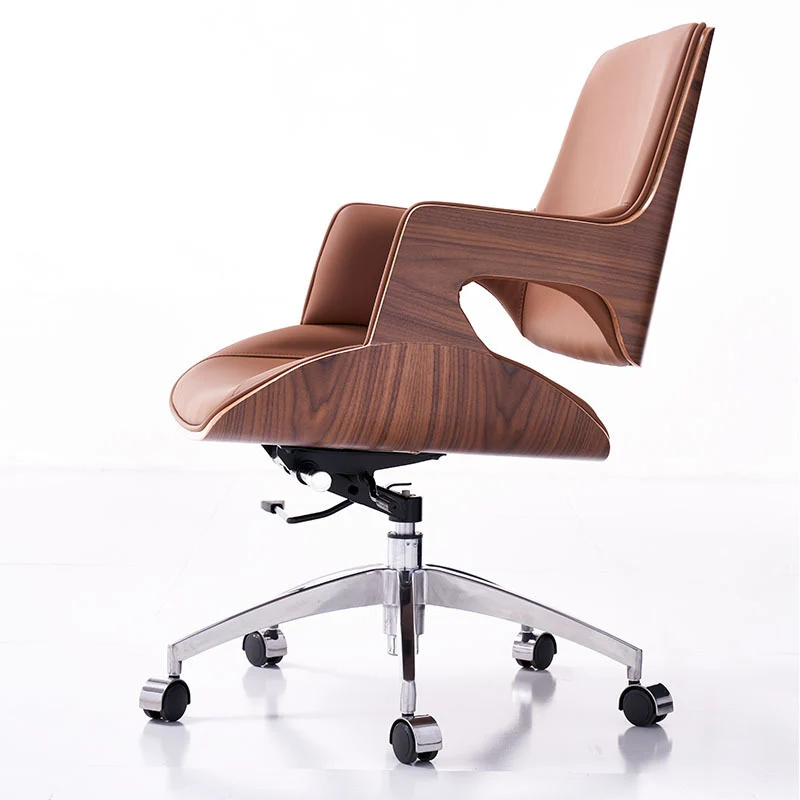 Contemporary Nordic Microfiber & Genuine Leather Steel Aluminum Alloy Square Desk Chair Adjustable Height Rotating With Backrest And Armrests For Home Office And Study