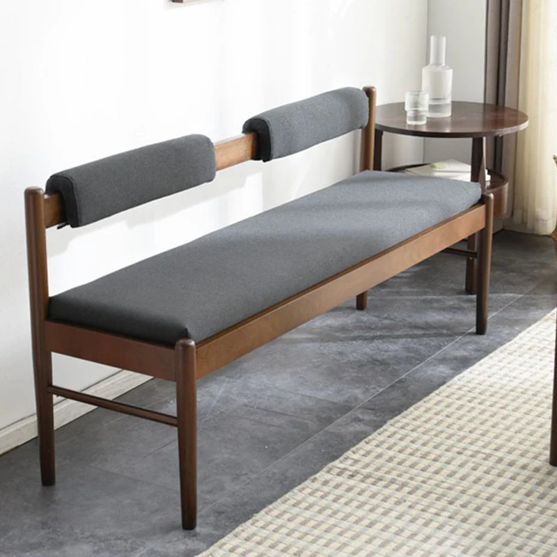 Traditional Vintage Rectangular Solid Wood Fabric Bench Backrest Armless For Living Room