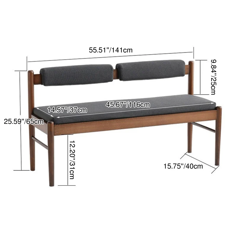Traditional Vintage Rectangular Solid Wood Fabric Bench Backrest Armless For Living Room