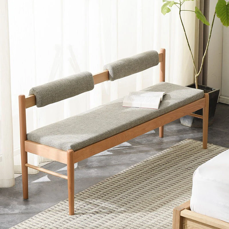 Traditional Vintage Rectangular Solid Wood Fabric Bench Backrest Armless For Living Room