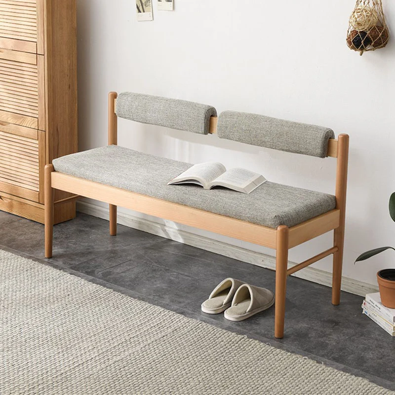 Traditional Vintage Rectangular Solid Wood Fabric Bench Backrest Armless For Living Room