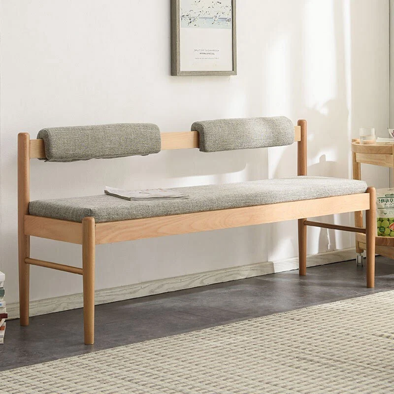 Traditional Vintage Rectangular Solid Wood Fabric Bench Backrest Armless For Living Room
