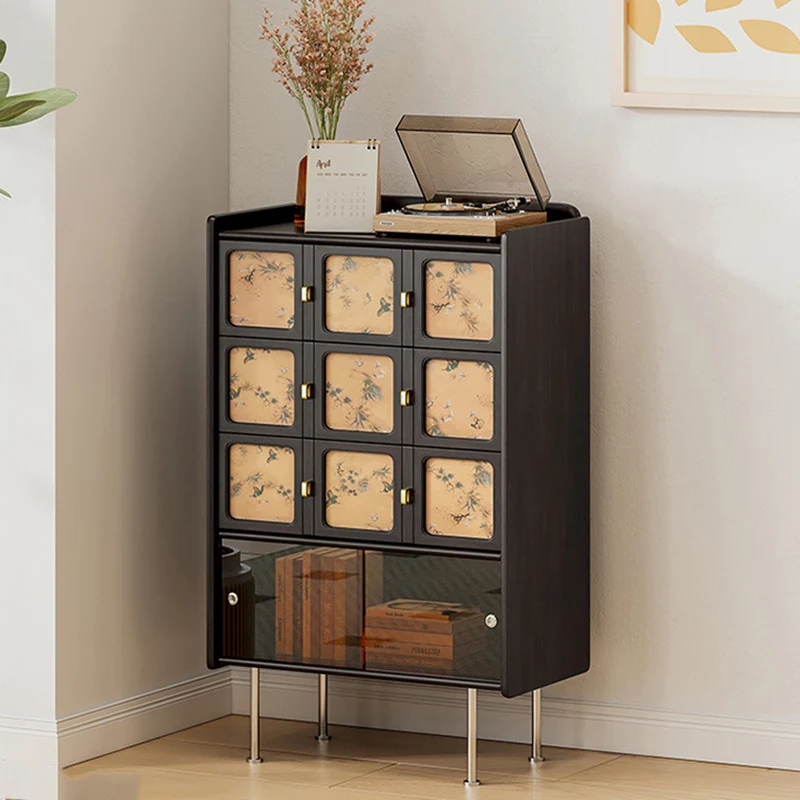 Traditional Chinese Large Capacity Rectangular Pine Wood Boxwood Xiangyun Gauze Stainless Steel Metal Glass Storage Cabinet 3-Drawer For Living Room