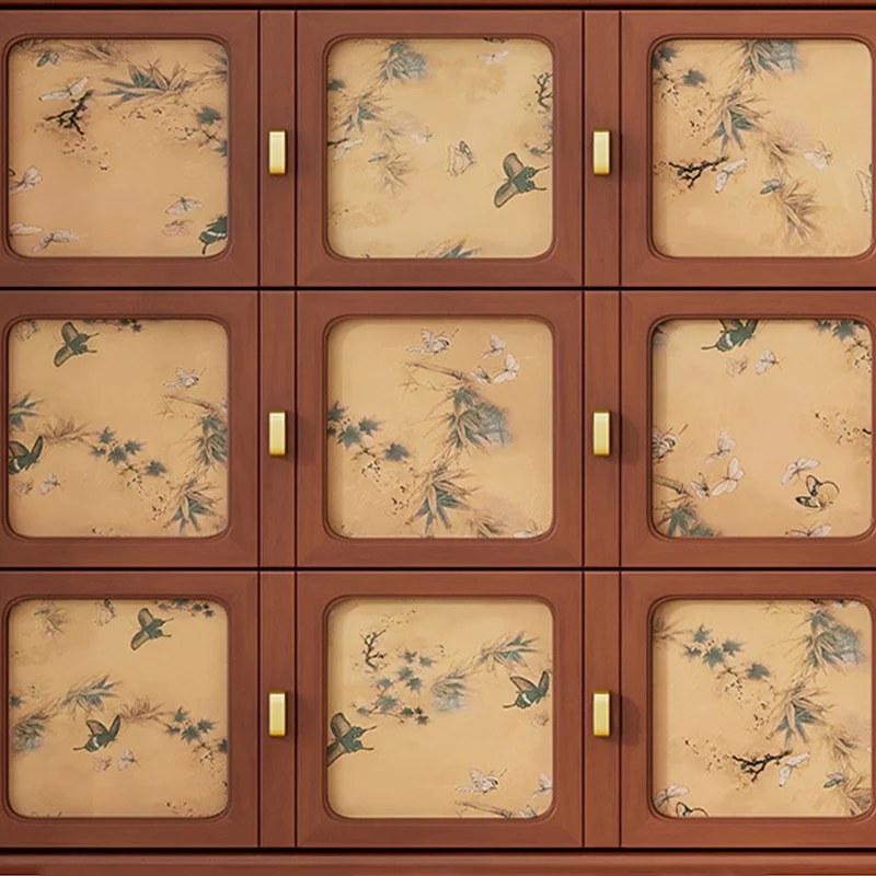 Traditional Chinese Large Capacity Rectangular Pine Wood Boxwood Xiangyun Gauze Stainless Steel Metal Glass Storage Cabinet 3-Drawer For Living Room