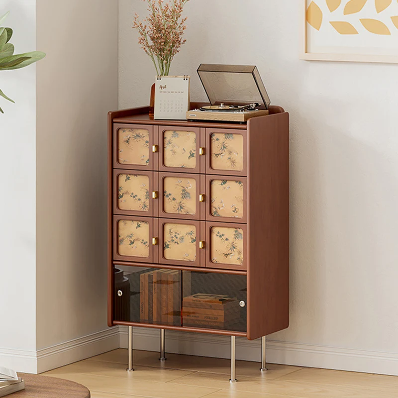 Traditional Chinese Large Capacity Rectangular Pine Wood Boxwood Xiangyun Gauze Stainless Steel Metal Glass Storage Cabinet 3-Drawer For Living Room