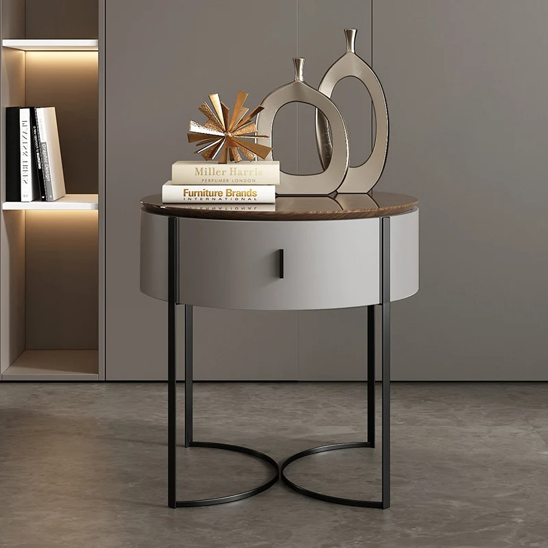 Modern Minimalist Round MDF Walnut Veneer Carbon Steel Storage Cabinet 2-Leg 1-Drawer For Living Room