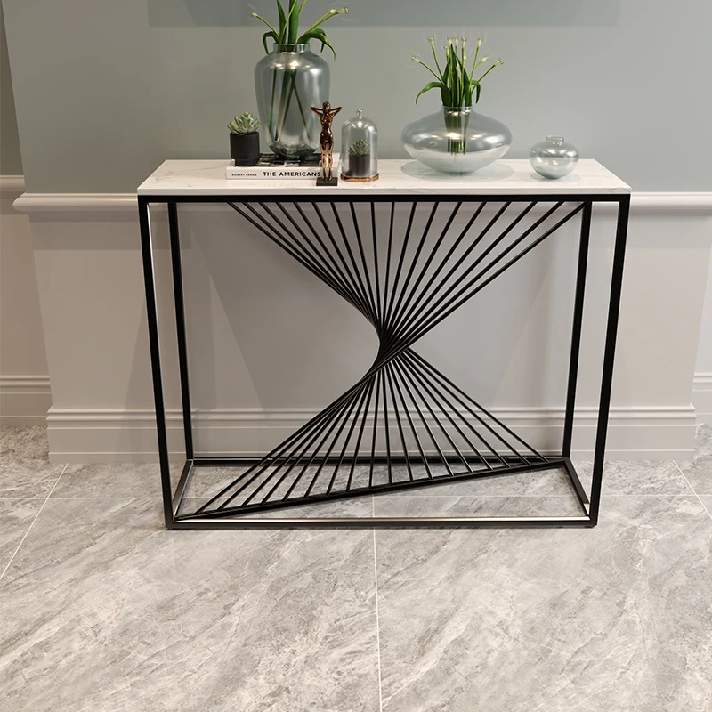 Modern Minimalist Rectangular Iron Stone Slab Console Table 4-Leg For Entryways