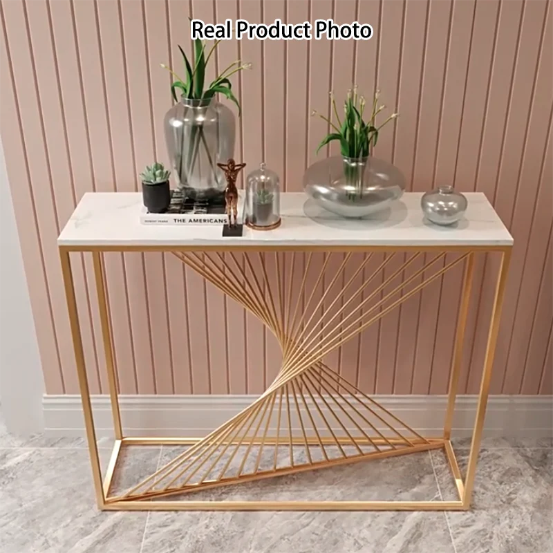 Modern Minimalist Rectangular Iron Stone Slab Console Table 4-Leg For Entryways