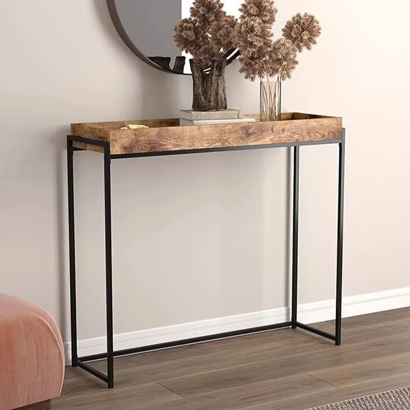 Traditional Vintage Rectangular Solid Wood Iron Console Table 4-Leg For Entryways