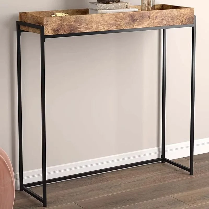 Traditional Vintage Rectangular Solid Wood Iron Console Table 4-Leg For Entryways
