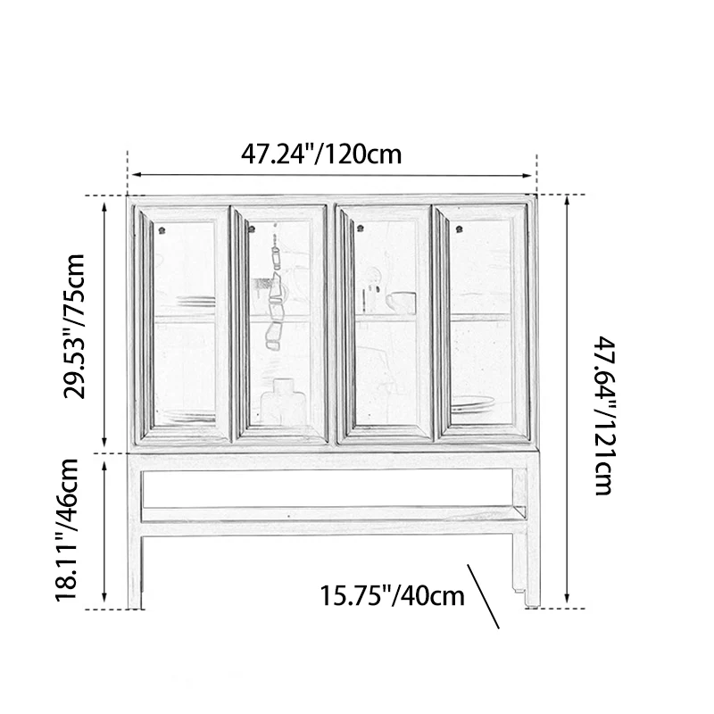 Traditional Rustic Rectangular Teak Glass Storage Cabinet 3-Tier For Living Room