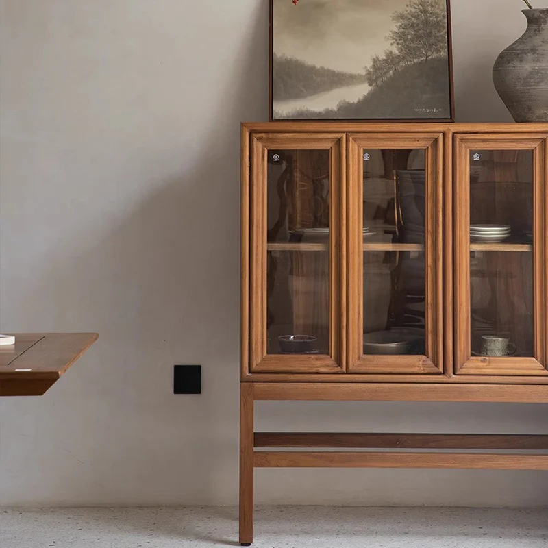 Traditional Rustic Rectangular Teak Glass Storage Cabinet 3-Tier For Living Room
