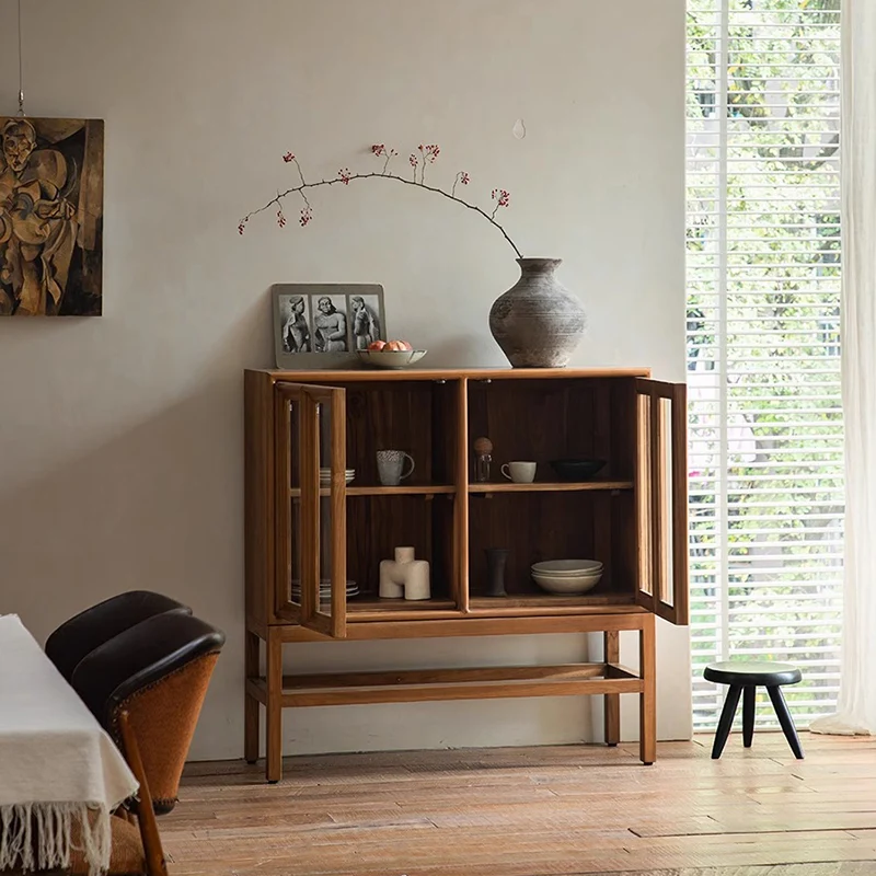 Traditional Rustic Rectangular Teak Glass Storage Cabinet 3-Tier For Living Room
