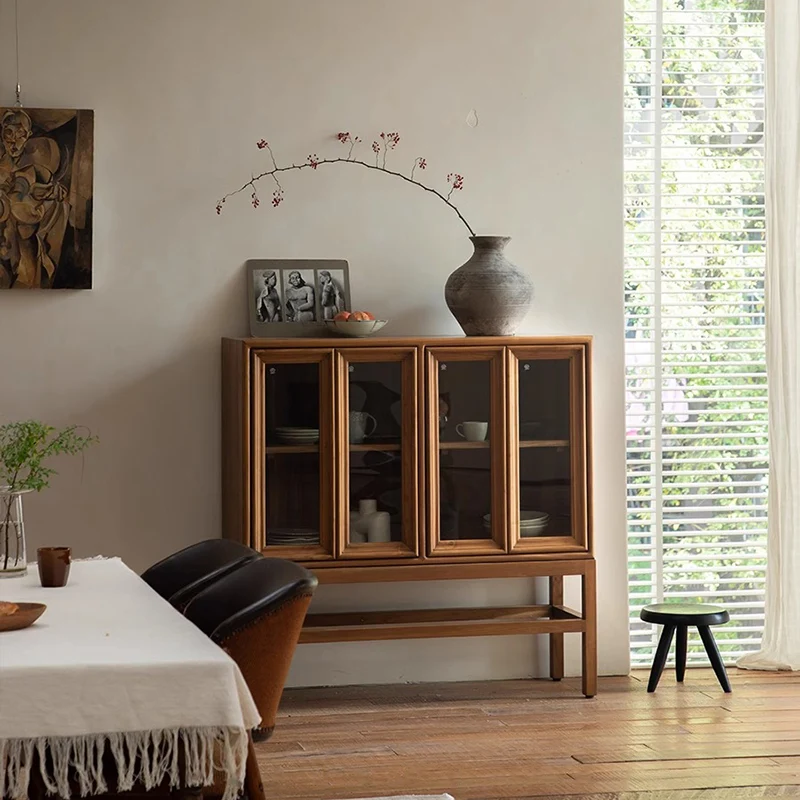 Traditional Rustic Rectangular Teak Glass Storage Cabinet 3-Tier For Living Room
