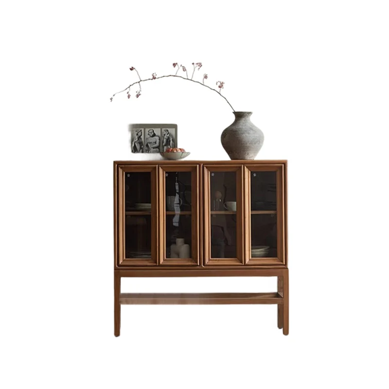 Traditional Rustic Rectangular Teak Glass Storage Cabinet 3-Tier For Living Room
