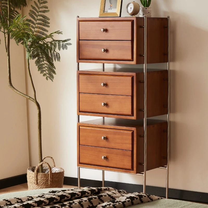 Contemporary Retro Rectangular Stainless Steel Rubberwood Pine Wood Cherry Wood Storage Cabinet 6-Drawer For Living Room
