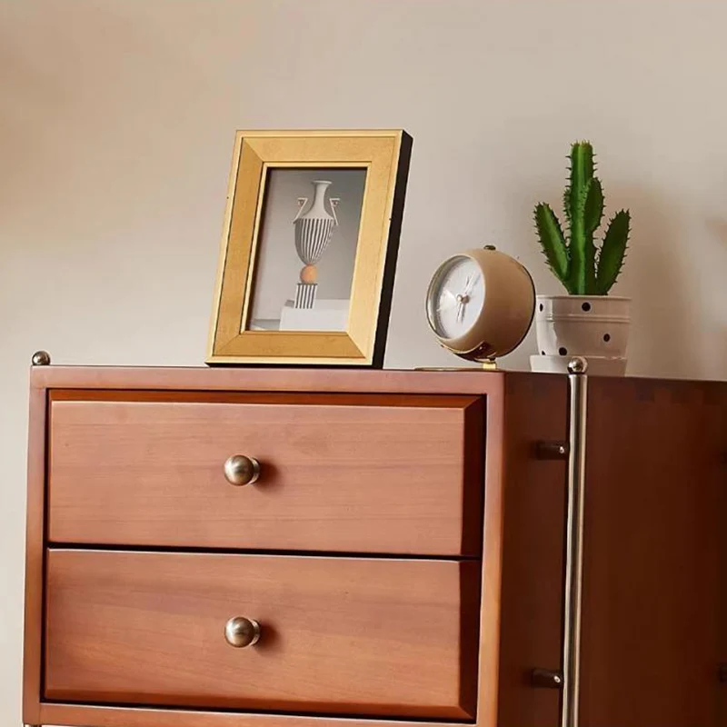 Contemporary Retro Rectangular Stainless Steel Rubberwood Pine Wood Cherry Wood Storage Cabinet 6-Drawer For Living Room