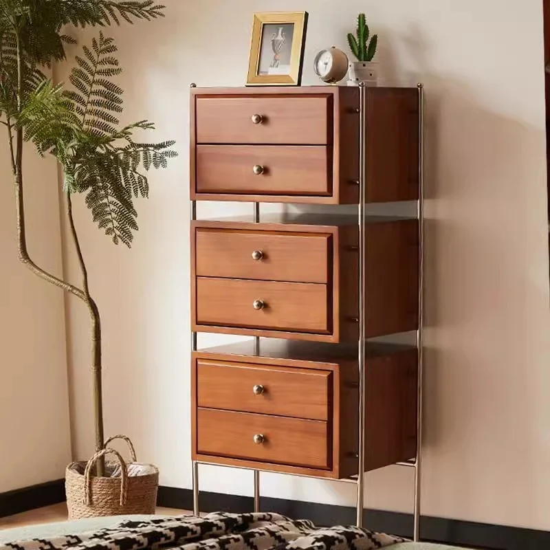 Contemporary Retro Rectangular Stainless Steel Rubberwood Pine Wood Cherry Wood Storage Cabinet 6-Drawer For Living Room