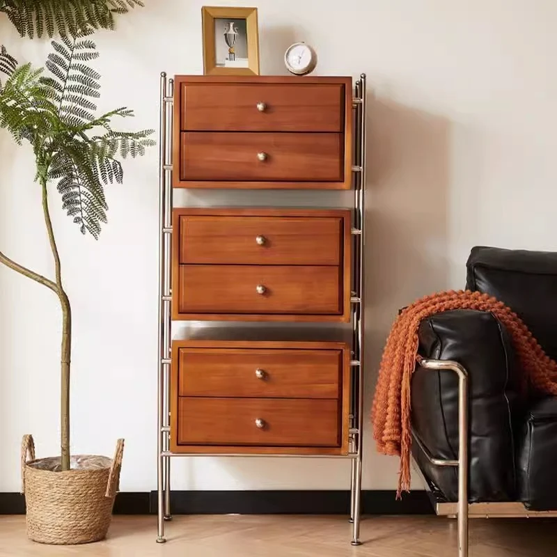 Contemporary Retro Rectangular Stainless Steel Rubberwood Pine Wood Cherry Wood Storage Cabinet 6-Drawer For Living Room